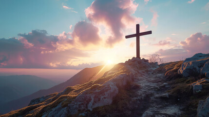 A tranquil mountain sunset with a cross symbolizing hope and faith is AI Generative.