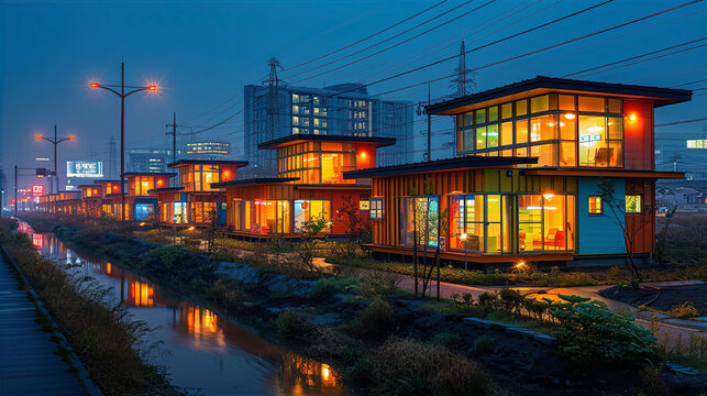 日本の夜の仮設住宅・コンテナハウスのイメージ
