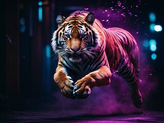 Jumping Tiger in neon lights  in the night sky