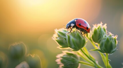 ladybug on flower - obrazy, fototapety, plakaty
