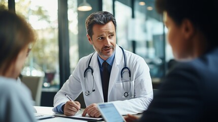 Capture the collaborative nature of healthcare as a male doctor engages in detailed note-taking during a patient consultation