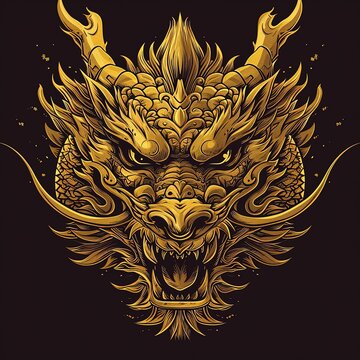 Illustration of Gold Chinese Dragon Head