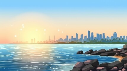 beautiful view of the city from the beach landscape background illustration