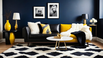 Navy yellow walls with a plush white shag rug leather accents and bold geometric prints in shades of black and whit style