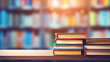 stack of books in the library and blur bookshelf background - obrazy, fototapety, plakaty