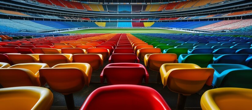 Empty Stadium with Colorful Seating and Pitch View