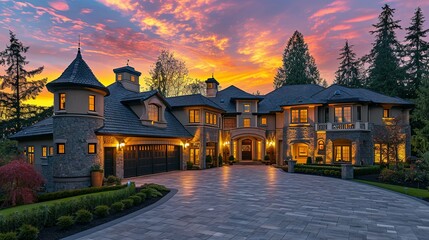Stunning Luxury Home Exterior at Sunset with Colorful Sky and Expansive Driveway. This Mansion has Three Garages, Turret Style Tower, and Two Floors - obrazy, fototapety, plakaty
