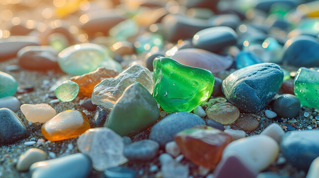 Colorful gemstones on a beach.Polish textured sea glass, generative ai