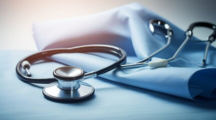 Medical stethoscope twisted in heart shape lying on patient medical history list and blue doctor uniform closeup