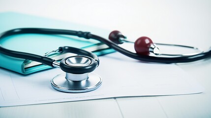 Note and stethoscope on white background