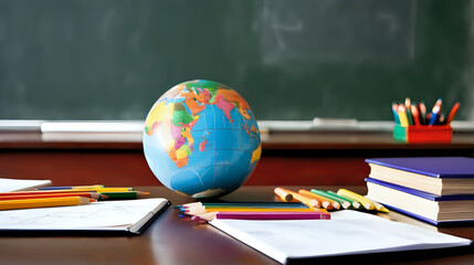 Colors pencil, pencil, world ball and books on wooden table. Blackboard background. Natural daylight. Back to school concept, copy space