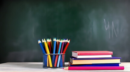 Obraz premium Colors pencil, pencil, world ball and books on wooden table. Blackboard background. Natural daylight. Back to school concept, copy space