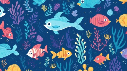 Design illustration of colorful fish on a dark blue background, sketch pattern underwater scenery.