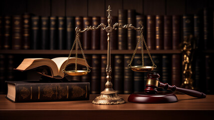 gavel in front of books with golden scale - obrazy, fototapety, plakaty