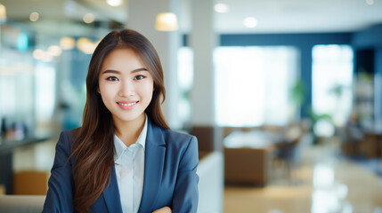 Obraz premium Smiling Asian Business Woman Wearing Business Suit