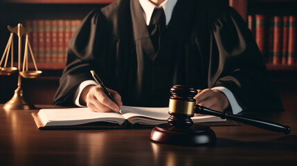 judge with gavel at wooden table indoors closeup - obrazy, fototapety, plakaty