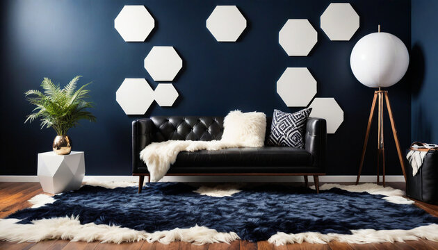 Navy Zinnwaldite walls with a plush white shag rug leather accents and bold geometric prints in shades of black and style