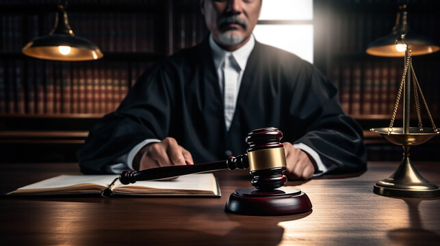 judge with gavel at wooden table indoors closeup