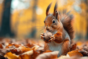 "Autumn's Bounty: Whimsical Squirrel Grasping a Nut in the Enchanting Wilderness of the Fall Forest"
