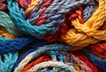 Bundles of vibrant colorful ropes for weaving on a beautiful background - obrazy, fototapety, plakaty