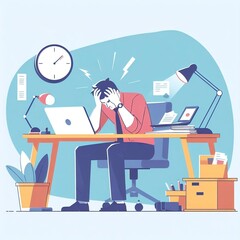 a worker suffering from stress at work. Overwhelmed frustrated man with professional burnout, flat vector illustration