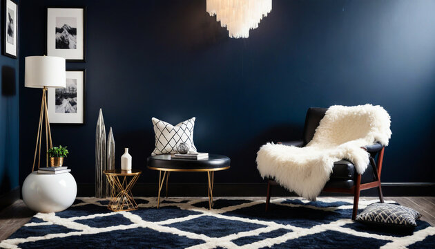 Navy Zinnwaldite walls with a plush white shag rug leather accents and bold geometric prints in shades of black and style