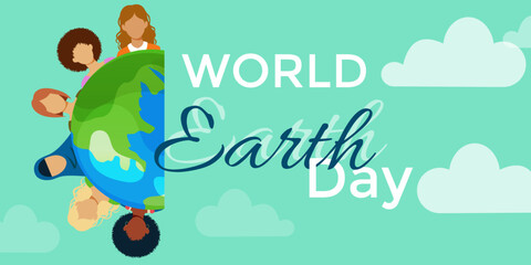 Diverse Women and planet earth. World Earth Day. Vector illustration for banner, card, flyer.