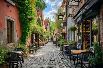 Obraz premium Historical cobblestone street in old town with charming cafes
