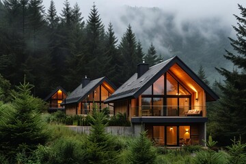Misty mountain retreat with log cabins and pine forests