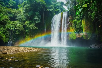 Majestic waterfall in a tropical rainforest with rainbow reflection