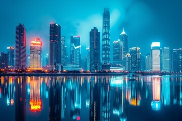Fototapeta premium Nighttime cityscape with illuminated skyscrapers and reflecting river