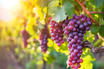 Naklejka premium Sunny vineyard with grape clusters ready for harvest
