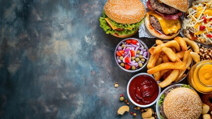 Collection of junk food with copy space. Healthy food concept - obrazy, fototapety, plakaty