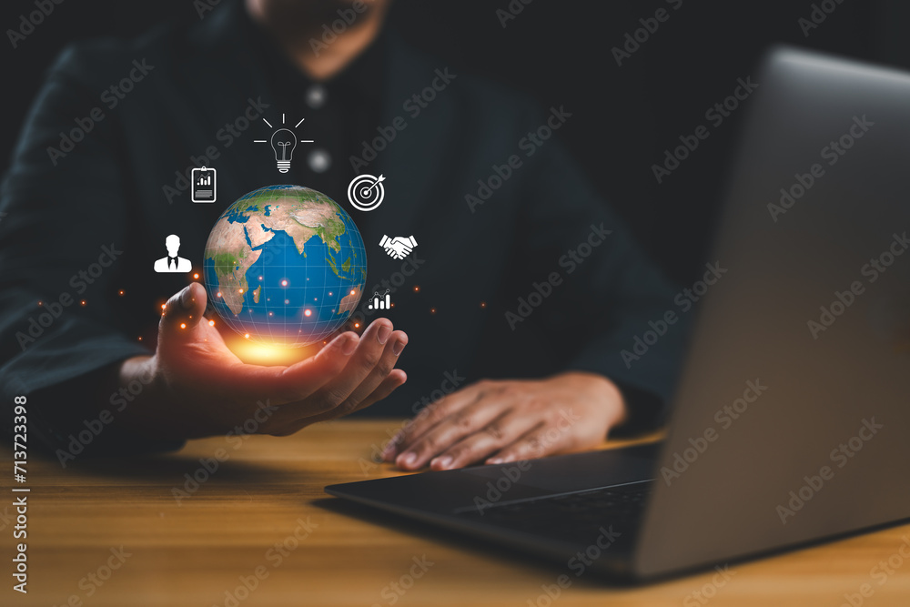 Poster businessman holding globe. business global internet connection application technology and digital ma