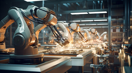 industrial robots work in a high tech production work - obrazy, fototapety, plakaty
