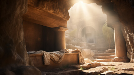 Jesus Christ resurrection. Empty tomb of Jesus with light. Born to die, born to rise. He is not...