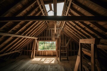 Fototapeta na wymiar The inside of a wooden house with a roof. Generative AI