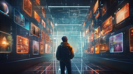 media library concept. man using virtual video gallery