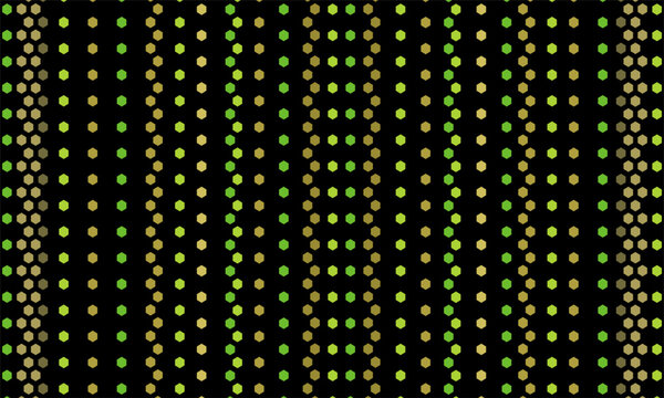 Seamless background of dotted vertical lines with green and gold hexagon elements.