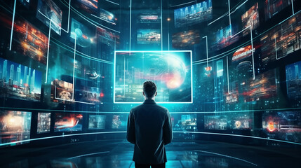 media library concept. man using virtual video gallery