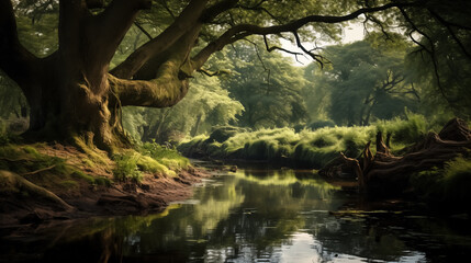 View along a peaceful woodland river with a shallow rocky bed, with green reflections in the still water, peaceful woodland pond, reflecting the surrounding foliage by ancient gnarled trees, calming - Powered by Adobe