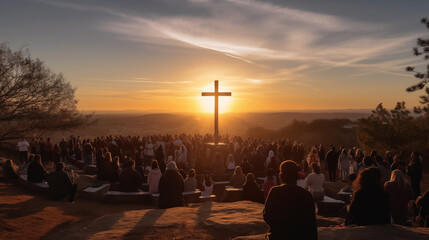 Organize a community sunrise service to celebrate the resurrection of Jesus Christ. Silhouette of christian prayers while praying to the Jesus. Christians prayed together in the church on sunrise sky - obrazy, fototapety, plakaty