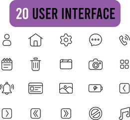 Collection of User Interface linear icons. Set of Home, Chat symbols drawn with thin contour lines.