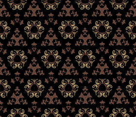 Seamless ornament of floral geometric patterns in brown colors on a black background.