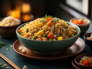 cinematic fried rice couscous with vegetables and meat