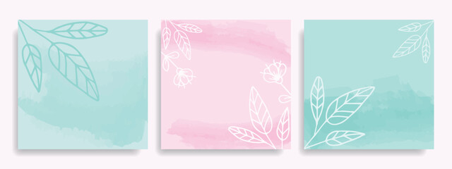 Delicate pink and mint backgrounds. Backgrounds with hand drawn flowers.