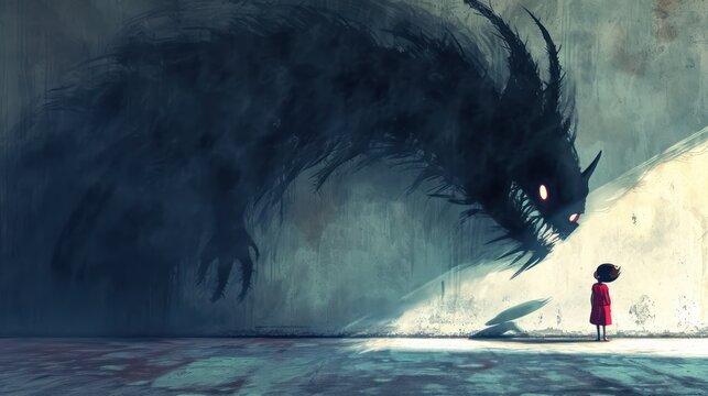 A little kid with shadow monster. on the wall.