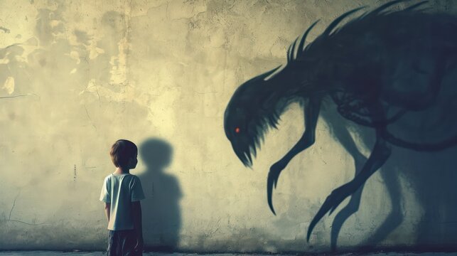 A little kid with shadow monster. on the wall.