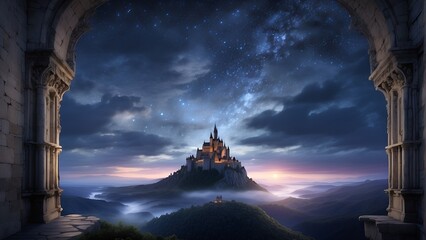 Mystical Mountaintop Castle Shrouded in Mist, a Beacon of Moonlight Under a Starry Sky