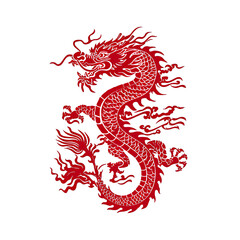 Silhouette in the shape of red animal designations Dragon, woodcut prints, cultural symbolism, China New Year celebration isolated PNG